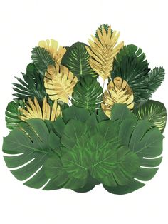 a bunch of green and yellow leaves on a white background