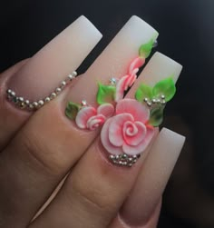 3d Roses Acrylic Nails, Acrylic Rose Nails 3d, 3d Rose Nails, Nails Latina, 3d Acrylic Nails, Nails Round, Nails Designs Short, Pride Nails