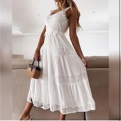 New Boutique Item Flowy Lace Dress For Party, Elegant Lace Maxi Dress For Summer, Maxi Length Lace Dress For Garden Party, Long Lace Dress For Summer Weddings, Chic Lace Bridesmaid Maxi Dress, Chic Lace Maxi Dress For Bridesmaid, Lace Midi Length Sundress, Lace Midi Sundress, Lace Sundress Midi Length