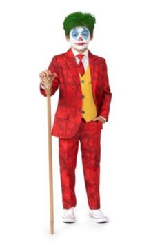 Does your boy love comic books and wants nothing more than to dress up like the Joker? With this official The Joker suit you will easily get the job done. This red suit is reminiscent of the classic Joker look and comes with iconic comic art and a yellow waistcoat to complete the look. The slim fit suit consists of a jacket, waistcoat, pants, and a safe clip-on tie. The pants have an adjustable waistband for a perfect fit.This suit includes pants, blazer and tie. | Suitmeister Scarlet Joker Boys Yellow Waistcoat, Joker Suit, Love Comic, Suit Tie, 2 Piece Suit, Red Suit, Slim Fit Suit, The Joker, Adjustable Waistband