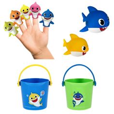 four different types of toys in buckets and one with a shark on it's finger