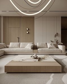 a modern living room with beige furniture and white carpeted flooring on the walls