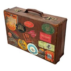 Early 1900s Antique Thick Cowhide Leather Suitcase With Solid Brass Hardware and Many Destination Labels | Chairish French Quilt, Old Suitcases, Art Deco Cabinet, Leather Suitcase, Leather Chesterfield, Vintage Suitcases, Luggage Labels, Steamer Trunk, Well Traveled