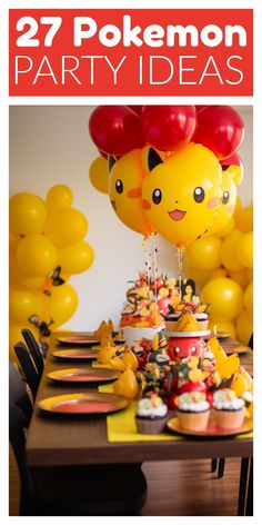 a pokemon themed party with balloons and cupcakes