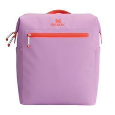 a purple backpack with an orange zipper