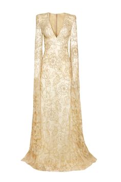 LACE V-NECK GOWN WITH CASCADING SLEEVESSelf: Floral LaceLining: GeorgetteCombo: Shoulder PadsSpot Clean OnlyStyle F24-309GOur standard lead time is 10 - 14 weeks. Please see our delivery section for additional information. Naeem Khan, Gold Zipper, Lead Time, Moda Operandi, Lace Detail, Floral Lace, Fashion Collection, V Neck, My Style