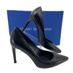 Step Into A World Of Elegance And Sophistication With These Stunning Stuart Weitzman Black Leather Pointed Toe Stilettos. They're Not Just Shoes, They're A Statement. With Their High Stiletto Heels, You'll Be Walking Tall And Turning Heads Wherever You Go. And Let's Not Forget The Pull-On Closure For Easy Wear. Yes, There Might Be Light Scuffing Around The Exterior, But That Just Adds To Their Charm. They've Got Stories To Tell. And Now, It's Time For You To Create Your Own With Them. Remember, These Aren't Just Shoes... They're Your New Secret Weapon. Features: - Crafted From High-Quality Leather - Chic Pointed Toe Design - High (3-3.9 In) Stiletto Heel For An Elegant Lift - Versatile Soli Designer Fitted Court Shoes With Sculpted Heel, Elegant Round Toe Court Shoes For Night Out, Designer Fitted Court Shoes With Pointed Toe, Elegant Court Shoes With Padded Heel For Night Out, Fitted Evening Court Shoes With Wrapped Heel, Leather Pointed Toe Court Shoes For Gala, Leather Court Shoes With Sculpted Heel For Gala, Fitted High Heel Court Shoes With Wrapped Heel, Sleek Fitted Heels With Leather Sole