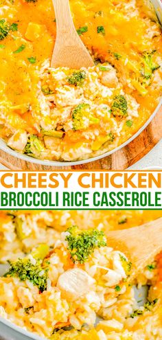 chicken broccoli rice casserole in a pan with a wooden spoon