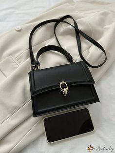 BirdinBag - Compact Black Top Handle Flap Bag with Lock - Metal Accents Metal Accents, Word Wrap, White Space, Black Square, Bag Bag, Square Bag, Metallic Accents, Flap Bag, Black Top