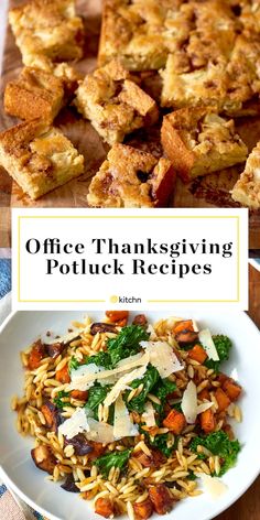 the words office thanksgiving potluck recipes are in front of some food