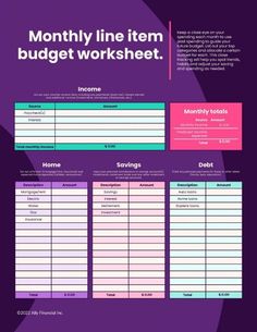 the printable budget worksheet is shown in purple and pink colors, with text on