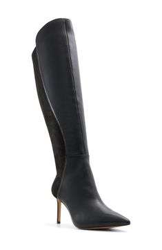 Mixed textures add contemporary intrigue to a knee-high boot framed by a pointy toe and stiletto heel. 3 1/4" heel 16" shaft; 14 1/2" calf circumference Side zip closure Leather and textile upper/textile and synthetic lining/rubber sole Imported Chic Fitted Snip Toe Knee-high Boots, Chic Fitted Knee-high Boots With Snip Toe, Fitted Calf Leather Knee-high Boots For Night Out, Fitted Knee-high Boots With Snip Toe For Work, Elegant Fitted Heeled Boots With Snip Toe, Elegant Tall Evening Boots, Chic Snip Toe Knee-high Boots For Evening, Elegant Wide Calf Snip Toe Knee-high Boots, Elegant Wide Calf Knee-high Boots With Snip Toe