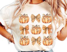 White Sublimation Print Top For Fall, White Custom Print Shirt For Fall, Bow Sweatshirt, Fall Graphic Tee, Fall Coquette, Bow Aesthetic, Shirt Coquette, Thanksgiving Tee, Fall Graphic