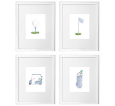 four framed pictures with golf related items in white frames on a white wall above them