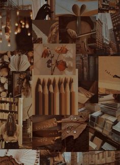 a collage of photos with different things in them including candles, books and pictures