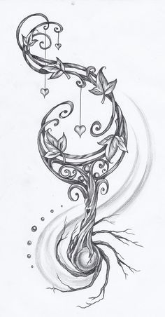 a drawing of a tree with swirls and hearts