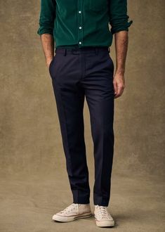 Carl Trousers - Navy - Wool - Octobre Éditions Casual Wool Pants With Straight Hem, Tailored Wool Casual Pants, Casual Wool Dress Pants With Tapered Leg, Casual Wool Dress Pants With Welt Pockets, Casual Fitted Wool Pants, Business Dress Pants With Relaxed Fit And Straight Hem, Wool Pants With Straight Hem For Business Casual, Business Dress Pants With Relaxed Fit, Relaxed Fit Dress Pants With Straight Hem For Business