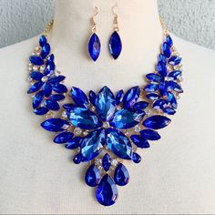 Blue Rhinestone Necklace Earrings Set. Brand New, Glamorous...So Sparkling... So Beautiful. Blue Crystal Rhinestone Necklace For Wedding, Royal Blue Crystal Jewelry For Party, Elegant Blue Rhinestone Necklace Gift, Blue Crystal Jewelry With Rhinestones, Blue Rhinestone Jewelry Sets For Gift, Party Jewelry With Sapphire And Sparkling Stones, Elegant Blue Jewelry Sets With Rhinestones, Elegant Blue Crystal Rhinestone Necklace, Blue Bling Jewelry For Wedding