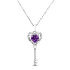 A vibrant heart-shaped amethyst is nestled within a frame of sparkling white topazes on this whimsical key necklace. More white topazes add alluring shimmer to the sterling silver pendant. The 18-inch cable chain secures with a lobster clasp. Pretty Jewelry Necklaces, Pretty Jewelry, Key Necklace, White Necklace, Topaz Stone, Accessories Jewelry Necklace, Necklace Sterling Silver, Amethyst Stone, Pretty Jewellery