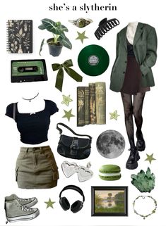 #fashion #aesthetic #marauders #harrypotter #nichememes #slytherin Slithering Aesthetic Clothes, Hogwarts Clothing Aesthetic, Slytherin Inspired Outfits Summer, Slytherin Clothing Aesthetic, Slytherin Core Outfits, Summer Slytherin Outfits, Dark Green Academia Outfit, Hogwarts Aesthetic Outfits Slytherin, Types Of Slytherin