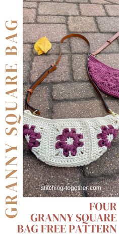 A quick 4 granny square bag with a puff stitch flower motif, perfect as a small  crossbody purse. Granny Square Crossbody Bag Pattern, Granny Square Purse Pattern Free, Christmas Bags Diy, Granny Squares Pattern Free, Small Crochet Projects Free Patterns, Crochet Patterns For Purses, Small Granny Square, Small Purse Pattern, Granny Square Crossbody Bag