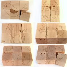 four different wooden blocks with animals drawn on them and cut into pieces to make the puzzle