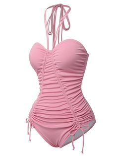 Pink 1950s Halter Pleated Solid One-Piece Swimsuit Retro Stage, Standard Dress, Cute Bathing Suits, Costume Intero, Pink Swimsuit, Cute Swimsuits, Pink Outfits, Swim Suit, Women Swimsuits