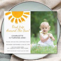 Are you planning a sun-themed girl's first birthday party? 
This cute budget invitation is decorated with a yellow watercolor sun and stylish script typography.
Easily customizable with your photo and details.
Original Watercolor © Michele Davies. Sun Birthday Party, Sun Birthday, First Trip Around The Sun, Photo Birthday Invitations, Photo Birthday, Photo Invitations, 1st Birthday Invitations, Party Photo, First Birthday Party