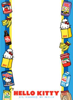 an image of hello kitty frame with food and drinks on it's border, as well as the words hello kitty written in japanese