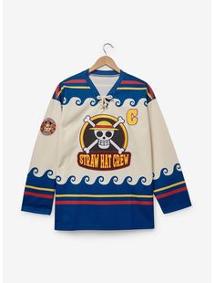 One Piece Straw Hat Crew Hockey Jersey - BoxLunch Exclusive One Piece Straw Hat Crew, Straw Hat Crew, Fire Clothes, Rope Tie, Jersey Jacket, Jolly Roger, Cardigan Sweater Dress, Hockey Jersey, Edgy Outfits