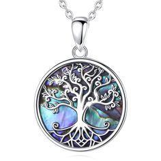 Abalone Shell Tree of Life Necklace Pagan Jewelry-MoonChildWorld Abalone Shell Necklace, Dragon Bracelet, Dragon Earrings, Viking Necklace, Pagan Jewelry, Dragon Jewelry, Urn Necklaces, Silver Tree, Tree Of Life Necklace