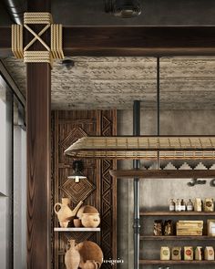 an industrial style kitchen with wooden shelves and shelving