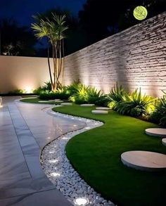 an outdoor area with grass, rocks and plants in the middle of it at night