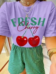 Women's Fruit & Letter Print Crew Neck Short Sleeve T-Shirt, Summer Graphic Tees Women Tops Mauve Purple Casual  Short Sleeve Knitted Fabric Graphic,Letter,Fruit&Vegetable,Plants  Slight Stretch Spring/Summer Women Clothing, size features are:Bust: ,Length: ,Sleeve Length: Spring Fruit Print Crew Neck Tops, Spring Relaxed Fit Tops With Fruit Print, Spring Fruit Print Relaxed Fit Tops, Spring Fruit Print Tops With Relaxed Fit, Red Fruit Print Top For Spring, Red Summer Style T-shirt For Spring, Multicolor Fruit Print Tops For Spring, Multicolor Fruit Print Spring Top, Casual Fruit Print T-shirt For Spring