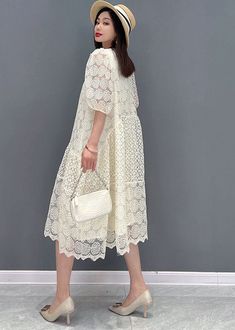 Spring Lace Dress With Patchwork Details, Casual White Lace Dress With Short Sleeves, White Casual Lace Dress With Short Sleeves, Spring Lace Patchwork Dress, White Casual Lace Dress With Patchwork, Casual White Lace Dress With Patchwork, V-neck Lace Dress For Daywear, Casual Lace Midi Dress With Short Sleeves, Casual Knee-length Lace Dress