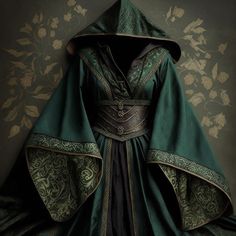 Green Robes Wizard, Green Witch Outfit, Witch Costume Diy, Wizard Robes, Inspired Costumes, Pagan Clothing, Armor Clothing, Fantasy Outfits