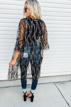 Sequin Duster Outfit Western, Sequin Duster, Loose Kimono, Sequin Kimono, Always Shine, European Women, Fashion Board, All Black Outfit, Sequin Fabric