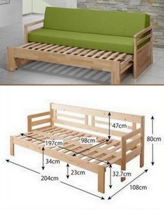 a couch and futon bed are shown with measurements for each piece in the frame