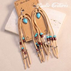 Bohemian Suede Tassel Statement Earring Material：Silver-tone metal and turquoise stones Leather tassel turquoise beads Size：2.6″（H）×0.5″(W) Western Earrings Fashion, Upcycle Earrings, Leather Bracelet Ideas, Quill Jewelry, Country Fall Outfits, Leather Earrings Diy, Boho Leather Jewelry, Jean Jewelry, Suede Earrings