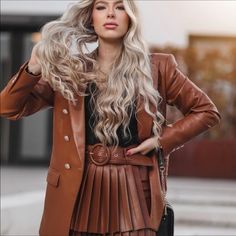 Blogger’s Fav Winter Office Blazer In Faux Leather, Chic Leather Blazer For Winter, Winter Office Faux Leather Blazer, Faux Leather Business Jacket, Elegant Brown Leather Jacket For Fall, Elegant Brown Leather Jacket For Winter, Elegant Brown Leather Jacket For Spring, Chic Brown Double-breasted Leather Jacket, Zara Brown Spring Blazer