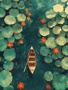 a boat floating on top of a body of water surrounded by lily pads and leaves