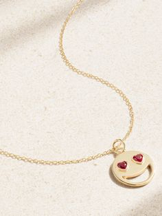 Alison Lou's 'Lover' necklace is strung with a smiley face pendant that has heart-shaped laboratory-grown rubies for eyes. It's handmade from 14-karat gold and has a delicate, adjustable chain. Gift it to someone special. Lover Necklace, Alison Lou, Face Pendant, Face Necklace, Lovers Necklace, Heart Shaped Necklace, Enamel Necklaces, Ruby Necklace, Emerald Necklace