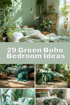 green boho bedroom decor ideas with plants in the corner and on the bed side