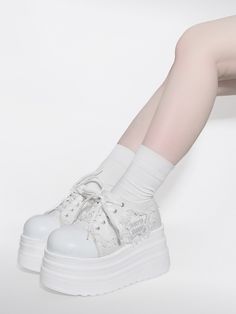 Step into the spotlight with these denim stars white punk rock platform sneakers! These edgy platform sneakers feature a cool denim upper with star accents, giving off a punk rock vibe that's perfect for making a bold fashion statement. The platform sole adds height and attitude to your look, making these sneakers a must-have for anyone who loves to stand out from the crowd.  Please note that this product includes only one pair of shoes.  Garment Size   	 		 			Size 			35 			36 			37 			38 			39 Denim Stars, White Punk, Cool Denim, Goth Shoes, Black Punks, A Punk, Mary Jane Heels, Black Platform, Punk Goth