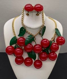 "Beautiful Antique Bakelite Celluloid Art Deco Red Cherries Hanging Jewelry Set Necklace, Bracelet & Matching Earrings Condition are Okay Plea See all Photos as part of your own description perfect to add in your collection 18mm Cherry Bead and necklace measures 18\" length bracelet measures 7\" length" Vintage Red Jewelry For Christmas, Red Resin Round Jewelry, Red Round Resin Jewelry, Vintage Resin Jewelry For Parties, Vintage Resin Jewelry For Party, Handmade Cherry Jewelry For Party, Handmade Red Jewelry Sets For Party, Red Adjustable Round Jewelry Sets, Vintage Cherry Jewelry For Gift