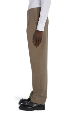 A high waist emphasizes the streamlined profile of dress pants tailored from softly brushed wool twill with crisp knife pleats smartly detailing the front. 27 1/2" inseam; 19" leg opening; 12" front rise; 16" back rise (size Medium) Zip fly Front slant pockets; back welt and button-welt pockets 100% wool Dry clean Made in Italy Designer Clothing Beige Wool Pants For Business Casual, Elegant Beige Bottoms With Straight Hem, Classic Beige Wool Pants, Elegant Business Casual Pants With Pleated Waist, Beige Formal Dress Pants For Fall, Beige Dress Pants For Formal Fall Occasions, Elegant Pants With Pleated Waist For Business Casual, Elegant Pleated Waist Pants For Business Casual, Classic Beige Pants With Concealed Placket