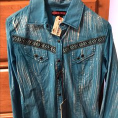 Brand New With Tags Blue Shirt For Spring Rodeo, Blue Shirt For Rodeo In Spring, Blue Shirt For Rodeo In Summer, Blue Western Style Tops For Fall, Blue Summer Shirt For Rodeo, Blue Shirt For Summer Rodeo, Western Style Blue Tops For Spring, Blue Western Tops For Fall, Blue Western Tops For Rodeo