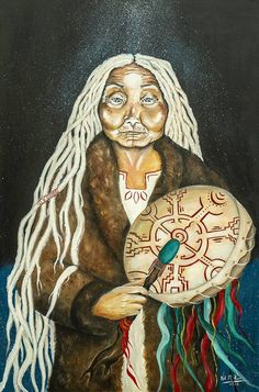 a painting of a woman with dreadlocks holding a large object in her hands