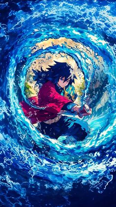 the anime character is sitting in front of a large blue wave with his hand on his hip