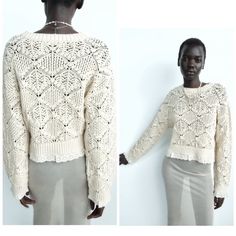 Chunky Knit Sweater With Contrast Embroidered Lace Trim. Round Neck Crochet Stitch Sweater With Long Sleeves. Lace Trim Details. Cropped Length 17” Bust Across 18.5” 58% Cotton 42% Acrylic Ecru | 6427/110 New With Tags Attached. Sold Out At Zara. Gorgeous!! Beige Open Knit Crew Neck Sweater, Chic Cream Open Knit Sweater, Cream Long Sleeve Pointelle Knit Sweater, Off White Long Sleeve Pointelle Knit Sweater, Off-white Long-sleeve Pointelle Knit Sweater, Casual Crew Neck Sweater With Crochet Lace, Off White Open Knit Sweater For Fall, Chic Fall Crochet Sweater, Chic Crochet Sweater For Fall